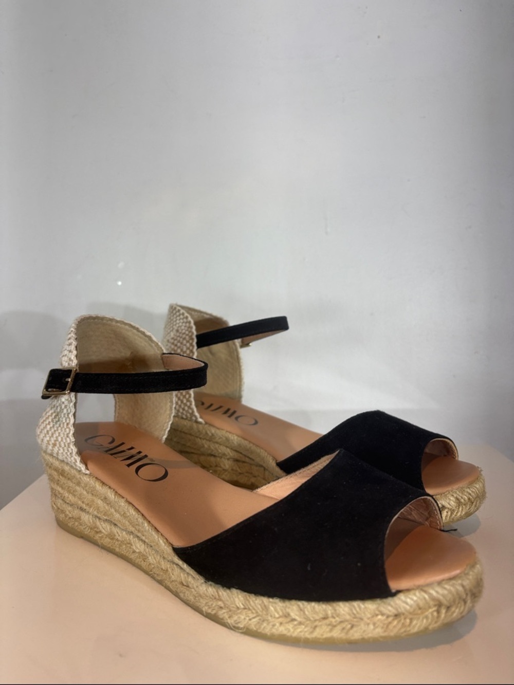 Gaimo Black Suede Espadrille Wedge Sandals Size 39 Ankle Strap Summer